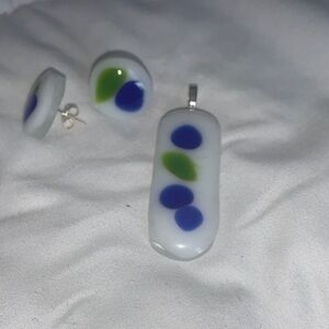 Elegant White green and Blue Fused Glass Pendant and Earring Set